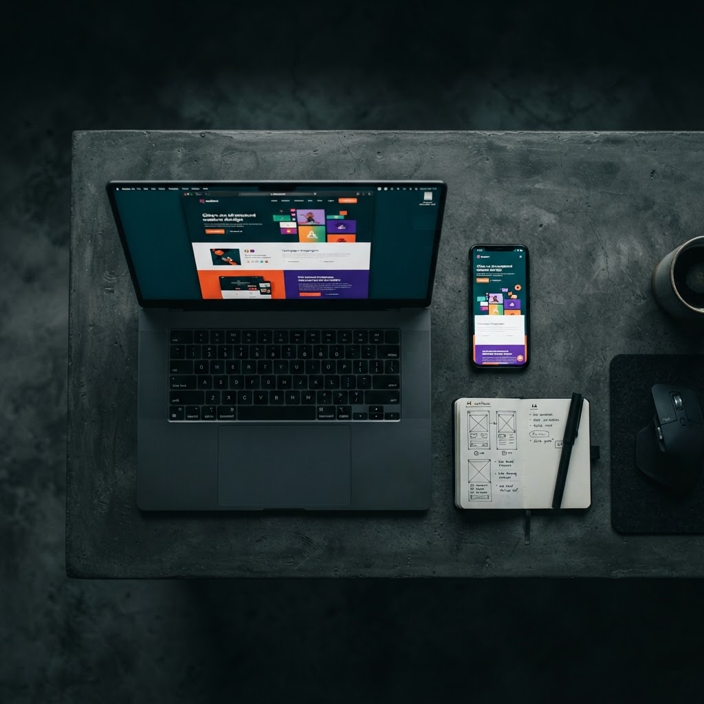 Estação de trabalho de um web designer com notebook exibindo o layout de um site
